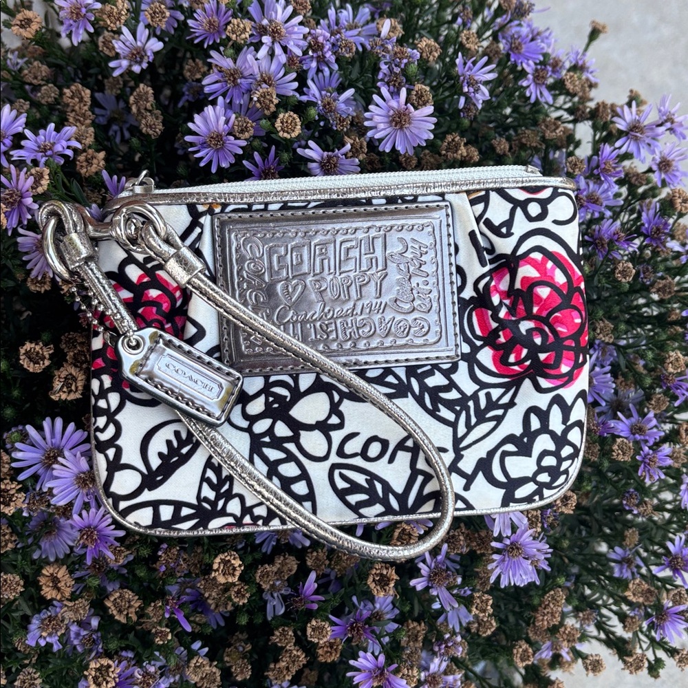 Coach Poppy Floral Wristlet with Silver and Pink & Black  Accents